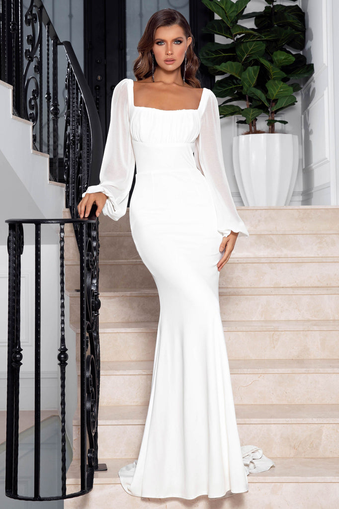 White Long Sleeve Lace See Through Wedding Dress, Elegant Bridal Dresses,  MW189 – Musebridals